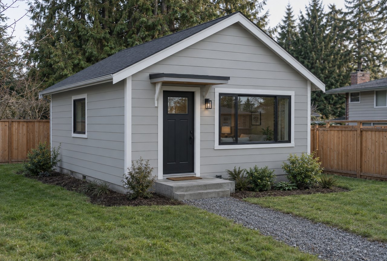 Concept rendering of a small one-level backyard cottage in light grey lap siding with a black door and a gravel path
