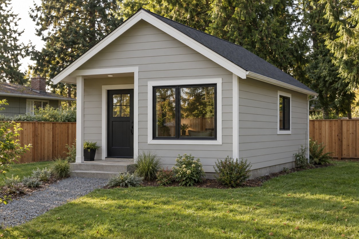 Rendering of The Alder: a small one-level gable cottage in light grey lap siding with a covered entry