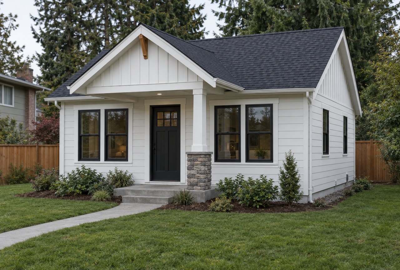 Concept rendering of a white one-level cottage with a front gable over a covered entry and a stone-based porch post