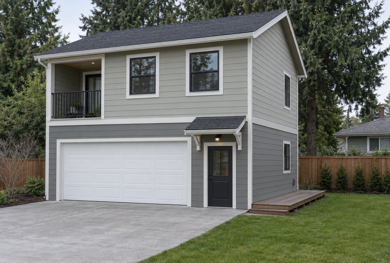 Concept rendering of a two-story backyard home with a garage below, a recessed balcony above and a side deck