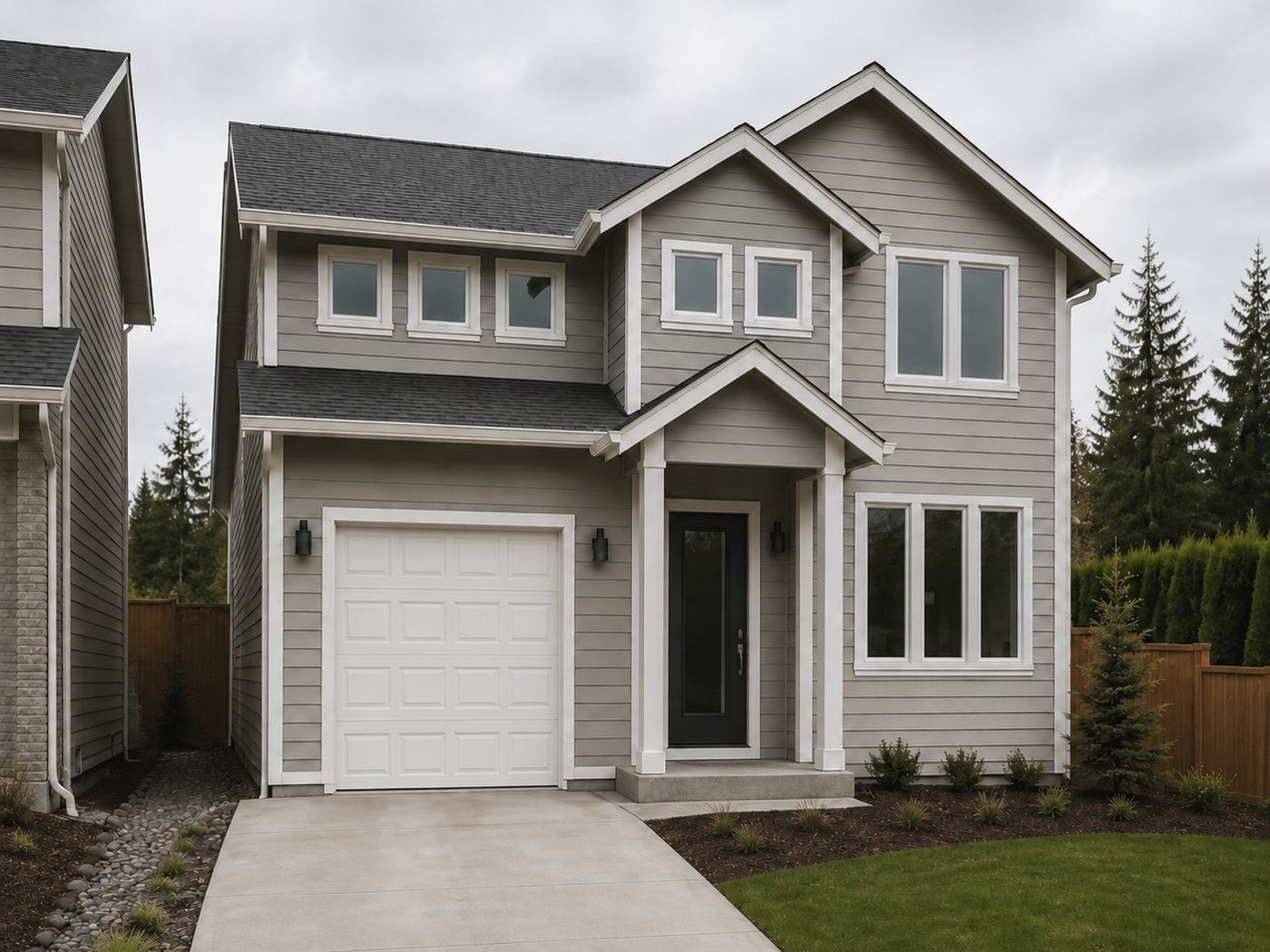 Rendering of The Phinney: a two-story home in light-gray lap siding with white trim and an attached garage