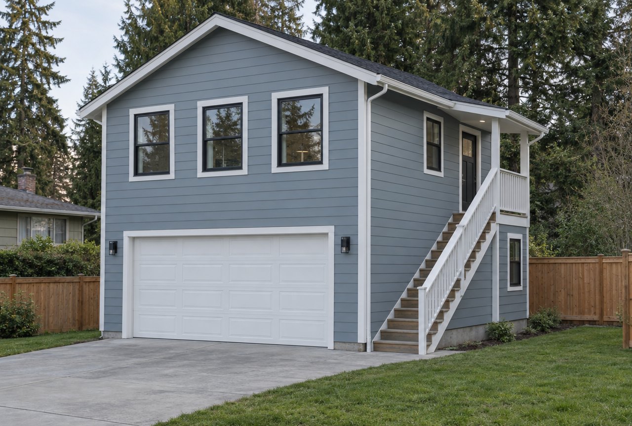 Concept rendering of a blue-grey two-story backyard home with a two-car garage and an exterior stair to a covered porch